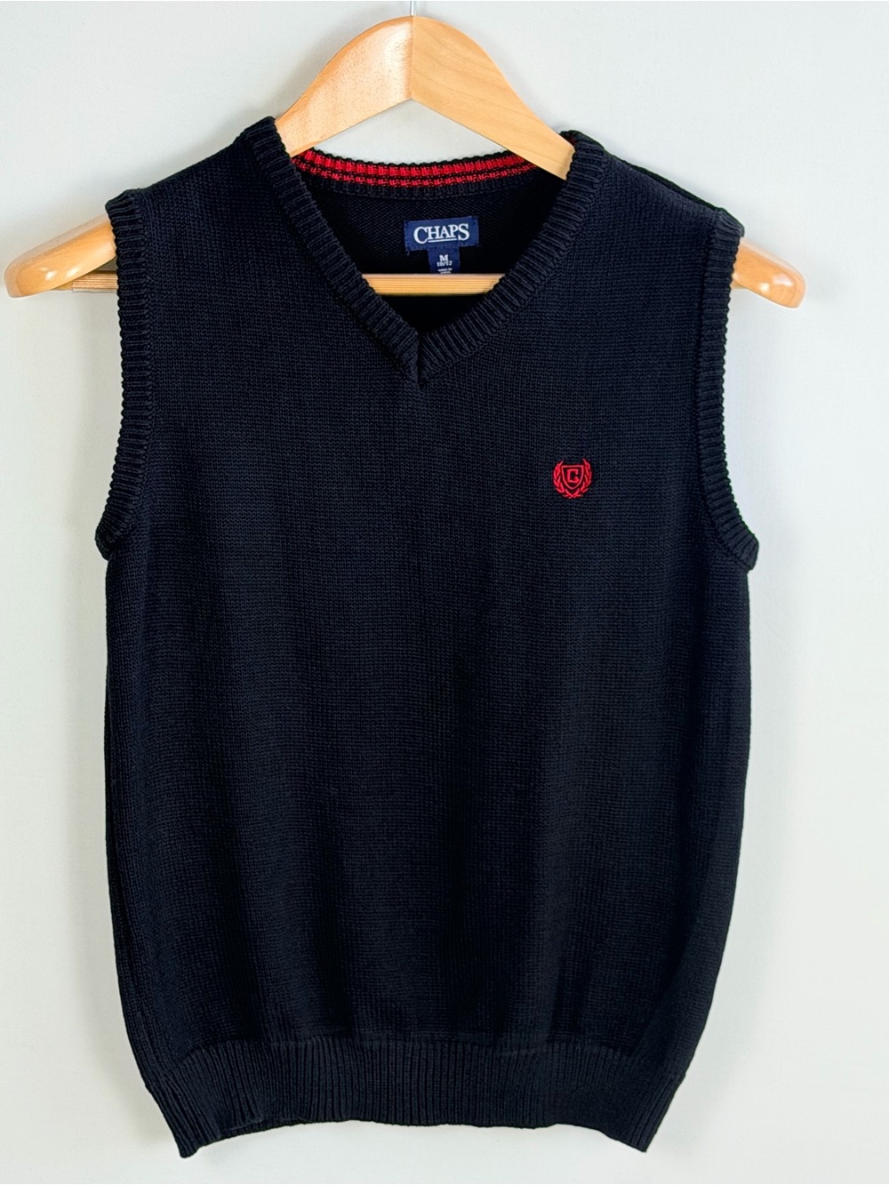 Chaps Black Cotton Sweater Vest Red Crest Logo Preppy M 10/12